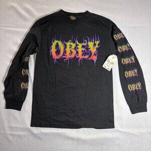 NWT OBEY Flaming Graffiti Unisex Black Long Sleeve T-Shirt Sleeve Design Small